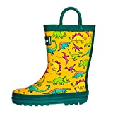 hibigo Kids Rubber Rain Boots Children Waterproof Rain Shoes with Handles Easy for Toddler Baby Green Dinosaur Pattern for Boys Girls